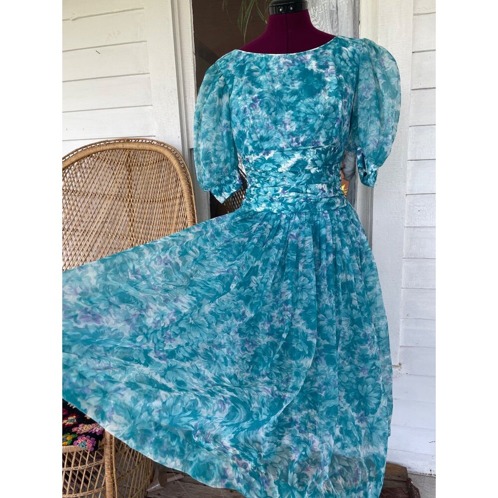 Vintage 1950d Floral  Blue Dress With Puff Sleeves Tulle Puff Skirt Sz Small
